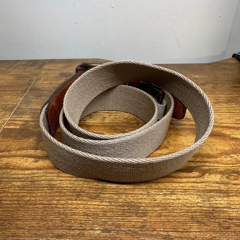 Orvis Mens Canvas and Leather Belt Brown Khaki Brass Buckle Made in USA Size 38